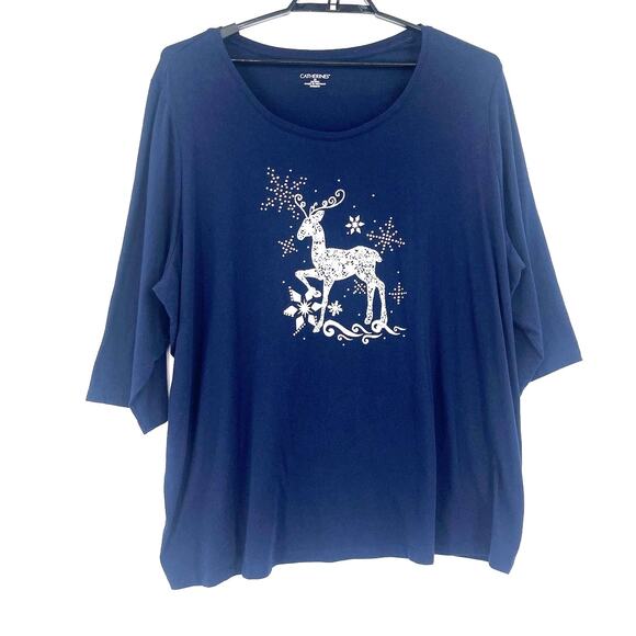 Catherines Sequin 3/4 Sleeve Reindeer Tee Womens Top Sz 3X Holiday Snowflake - Picture 1 of 10